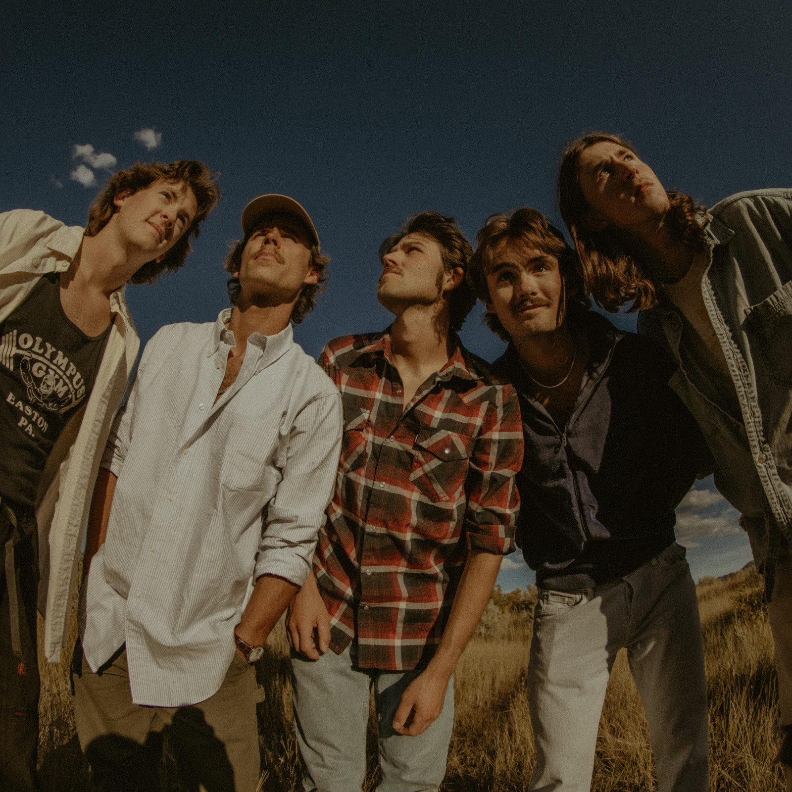 The five members of Theoretical Blonde, standing side by side in the mountains with blue sky above them.